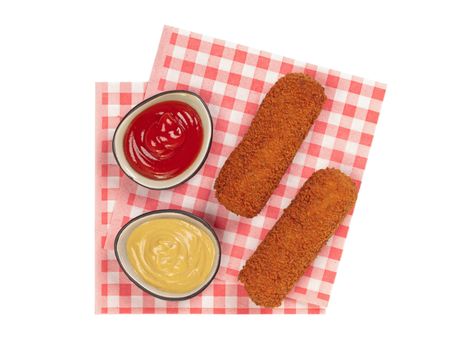 Brown crusty dutch kroketten on a red napkin isolated on a white background