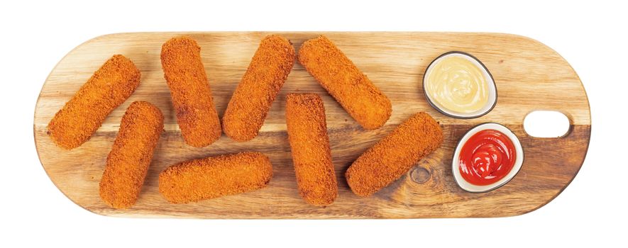 Brown crusty dutch kroketten on a serving tray, isolated on a white background