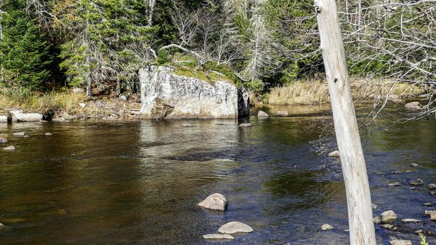 Running Creek Through Rocks and Stones Causing White Water on a Sunny Autumn Day