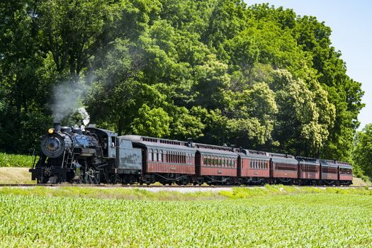 Steam Passenger Train Pulling into Picnic Area Blowing Smoke on a Sunny Summer Day