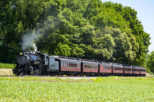 Steam Passenger Train Pulling into Picnic Area Blowing Smoke on a Sunny Summer Day
