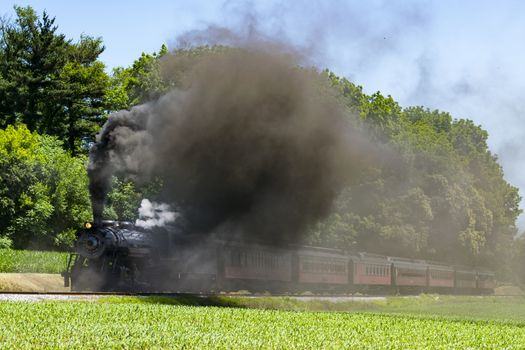 Steam Passenger Train Pulling into Picnic Area Blowing Smoke on a Sunny Summer Day