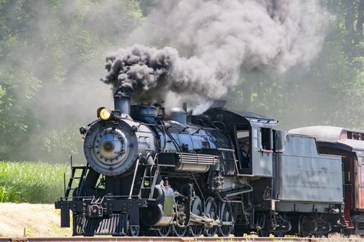 Steam Passenger Train Pulling into Picnic Area Blowing Smoke on a Sunny Summer Day