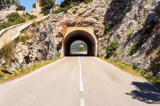 Amazing view of the mountain road tunnel. Majorca, Spain, Balearic Islands Mallorca. The Balearic Islands. Spain