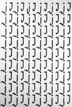 Calligraphy black and white letters J background. Lettering practice writing worksheet. Handwriting symbol filling pattern. Calligraphic letter j learning skills paper page.