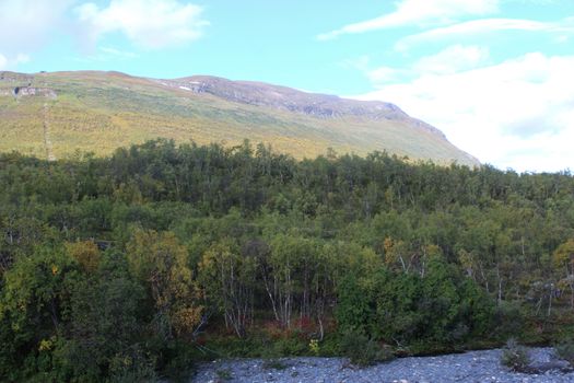 Overview of Kungsleden river in the arctic tundra. Abisko national park, Nothern Sweden