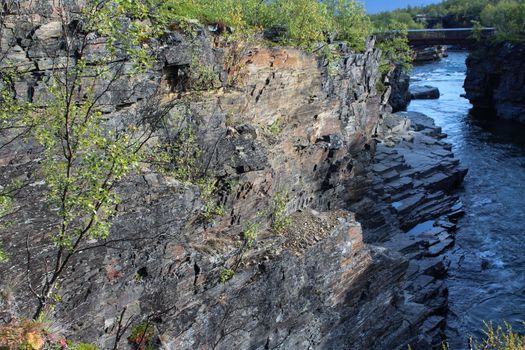 Overview of Kungsleden river in the arctic tundra. Abisko national park, Nothern Sweden