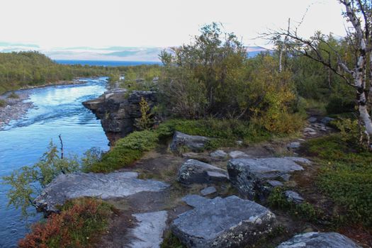 Overview of Kungsleden river in the arctic tundra. Abisko national park, Nothern Sweden