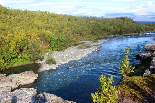 Overview of Kungsleden river in the arctic tundra. Abisko national park, Nothern Sweden