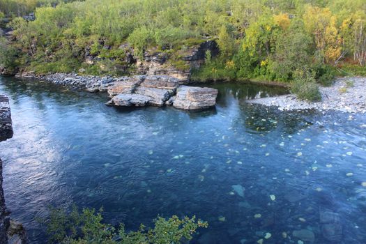 Overview of Kungsleden river in the arctic tundra. Abisko national park, Nothern Sweden