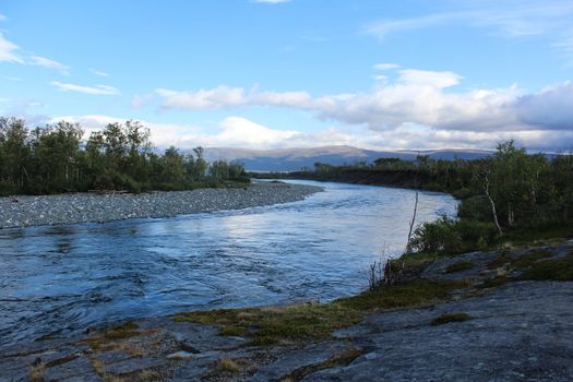 Overview of Kungsleden river in the arctic tundra. Abisko national park, Nothern Sweden