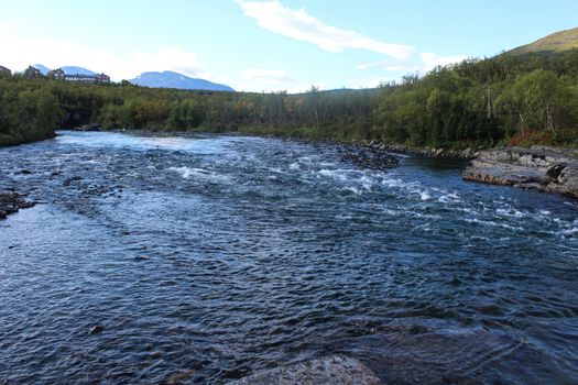 Overview of Kungsleden river in the arctic tundra. Abisko national park, Nothern Sweden