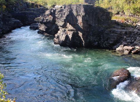 Overview of Kungsleden river in the arctic tundra. Abisko national park, Nothern Sweden