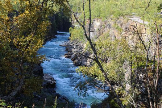 Overview of Kungsleden river in the arctic tundra. Abisko national park, Nothern Sweden