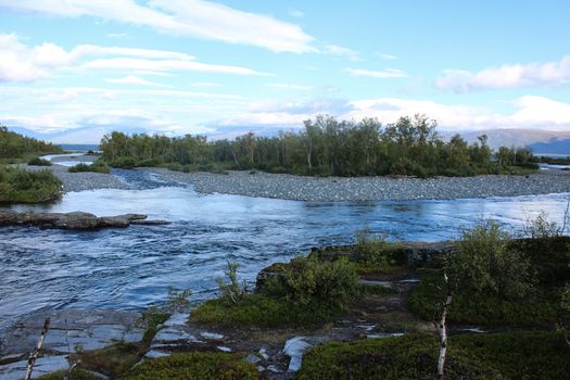 Overview of Kungsleden river in the arctic tundra. Abisko national park, Nothern Sweden