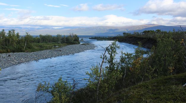 Overview of Kungsleden river in the arctic tundra. Abisko national park, Nothern Sweden