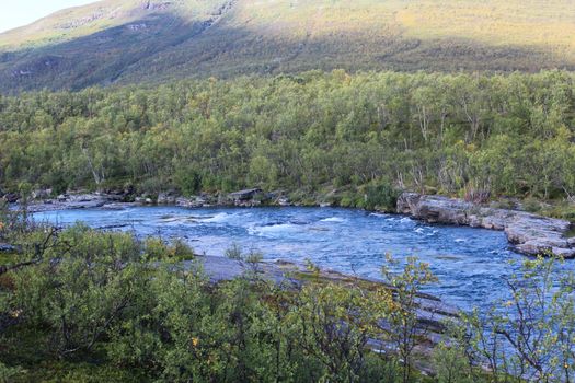 Overview of Kungsleden river in the arctic tundra. Abisko national park, Nothern Sweden