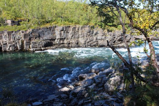 Overview of Kungsleden river in the arctic tundra. Abisko national park, Nothern Sweden
