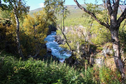 Overview of Kungsleden river in the arctic tundra. Abisko national park, Nothern Sweden
