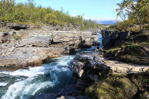 Overview of Kungsleden river in the arctic tundra. Abisko national park, Nothern Sweden