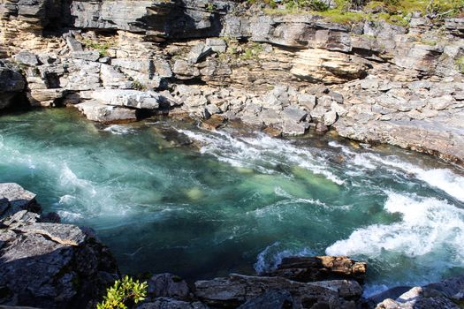 Overview of Kungsleden river in the arctic tundra. Abisko national park, Nothern Sweden