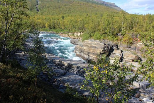 Overview of Kungsleden river in the arctic tundra. Abisko national park, Nothern Sweden