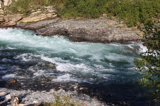 Overview of Kungsleden river in the arctic tundra. Abisko national park, Nothern Sweden