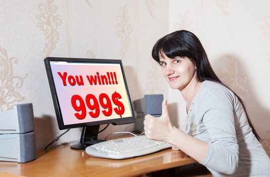 young brunette woman rejoices win $ 999