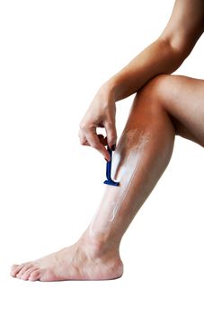 woman shaves leg isolated on white background