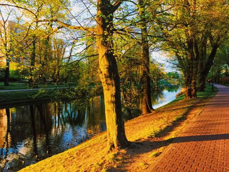 Sunset over the river in spring, nature and environment