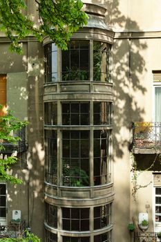 Budapest, Hungary - 4 May 2017: Architecture of Budapest of 1950s: bay window