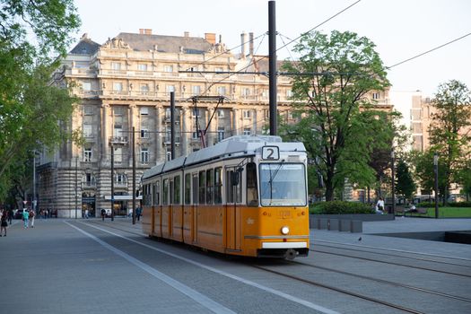 Budapest, Hungary - 4 May 2017: Tram passing Kossuth Lajos square