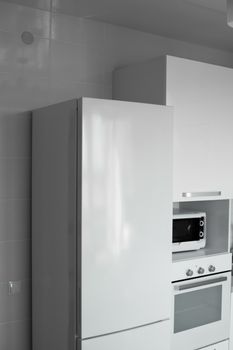 Comfortable white kitchen with a white lacquered facades. Modern kitchen clean interior design. Refrigerator, kitchen oven, microwave oven. Kitchen supplies