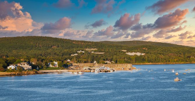 View of Bar Harbor from the sea in early morning light