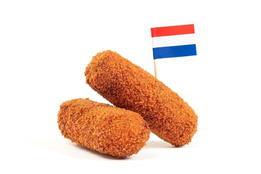 Brown crusty dutch kroketten with dutch flag, isolated on a white background