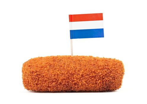Brown crusty dutch kroket with dutch flag, isolated on a white background