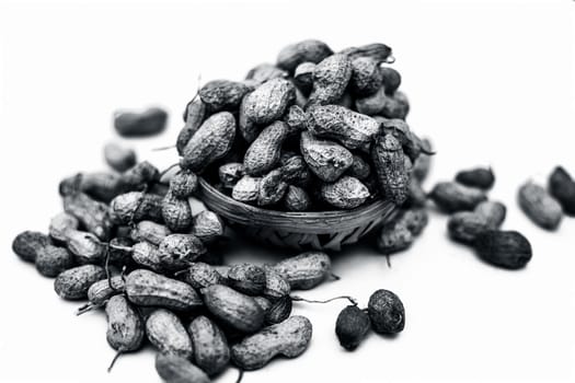 Close up of brown colored hamper having groundnuts or peanuts or moongaphalee or Arachis hypogaea or goober or monkey nut isolated on white.