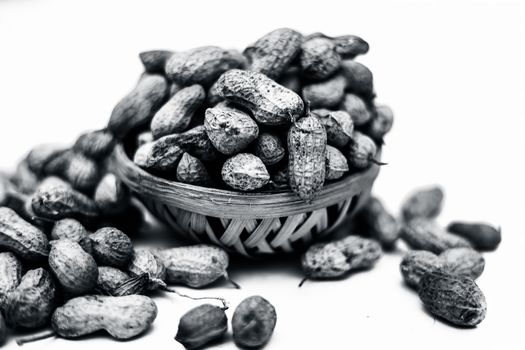 Close up of brown colored hamper having groundnuts or peanuts or moongaphalee or Arachis hypogaea or goober or monkey nut isolated on white.