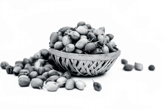 Ginjua or gingua or chick peas or chick pods or Egyptian beans in a clay bowl isolated on white.