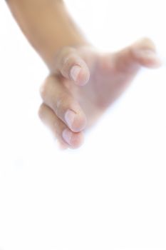 Close up of single human hand isolated on white trying to help the imagery.