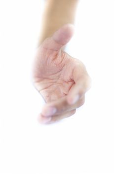 Close up of single human hand isolated on white trying to help the imagery.