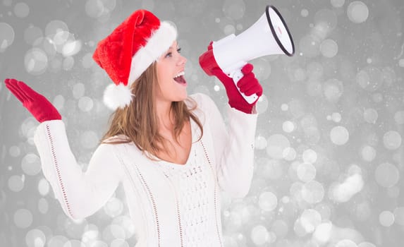 Festive blonde shouting through megaphone against grey abstract light spot design