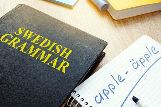 Book with title Swedish grammar and notebook