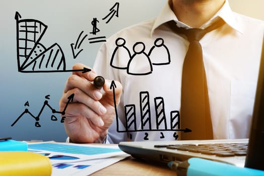 Business management. Workplace of manager and financial charts and graphs.