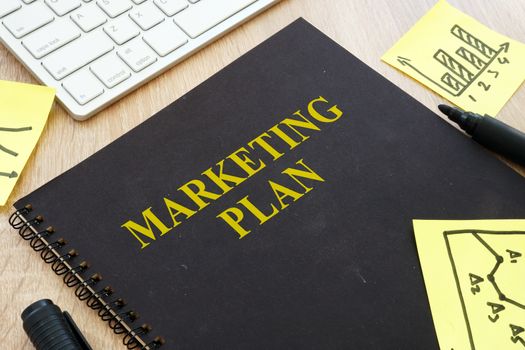Marketing plan and keyboard on a desk.