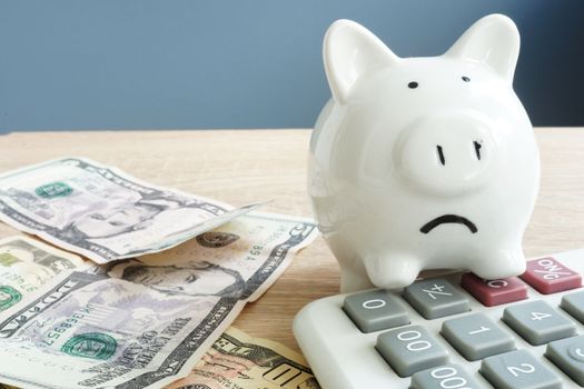 Money worries concept. Unhappy piggy and few banknotes with calculator. Problems with money.
