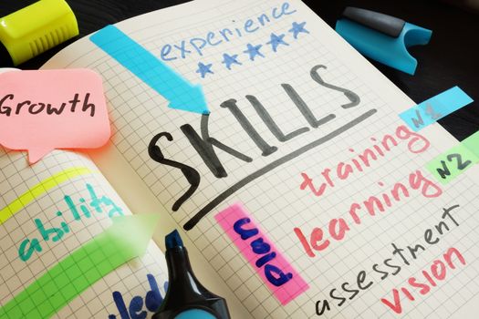 Skills written in a note. Knowledge and competence concept.