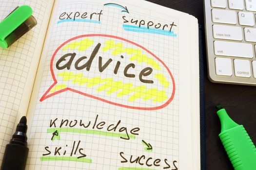 Advice handwritten in the notepad. Mentoring concept.