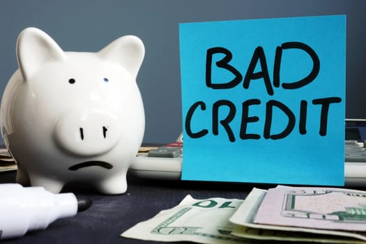 Bad credit. Unhappy piggy bank and calculator.
