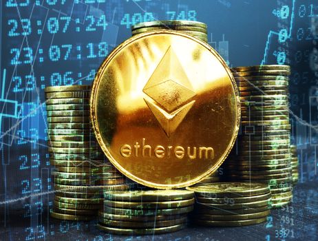 Ethereum ETH coins. Crypto stock exchange concept.